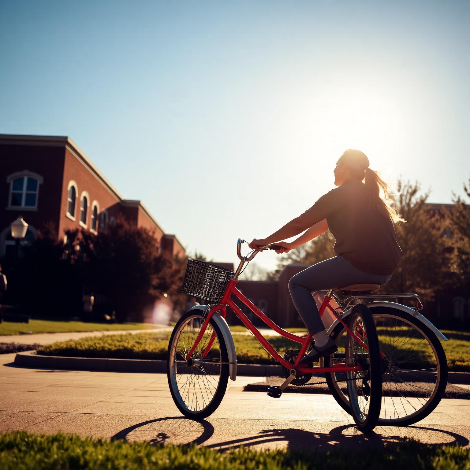 A student riding a bicycle across an Amsterdam campus